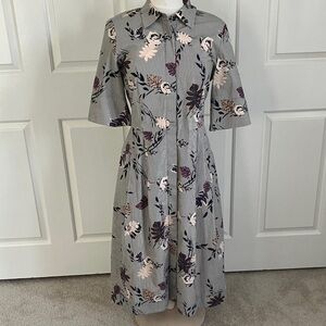 Lafayette 148 New York Gray Striped Midi Dress with Floral Print